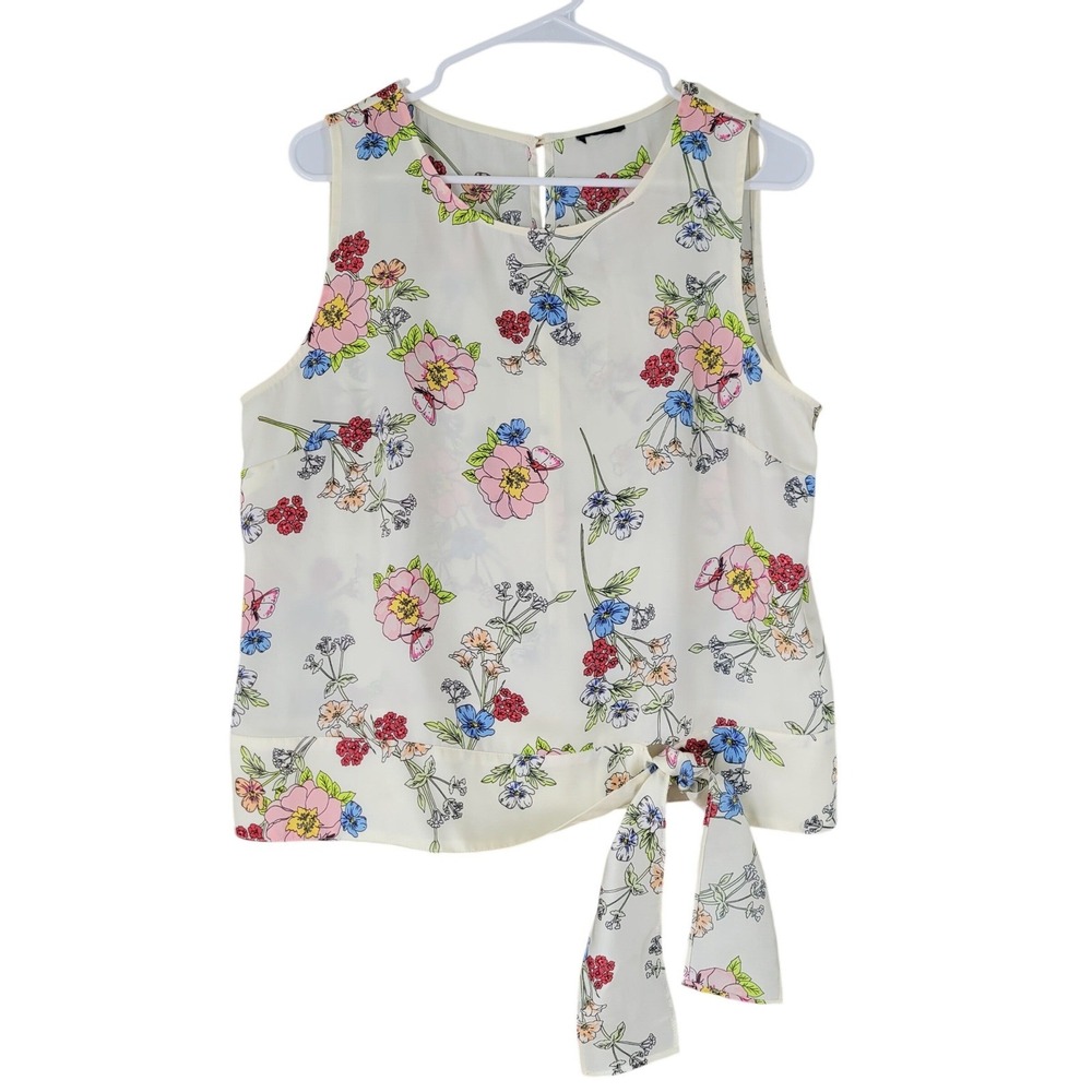Talbots Floral Sleeveless Blouse Womens Large Cream Tie Front Keyhole Back